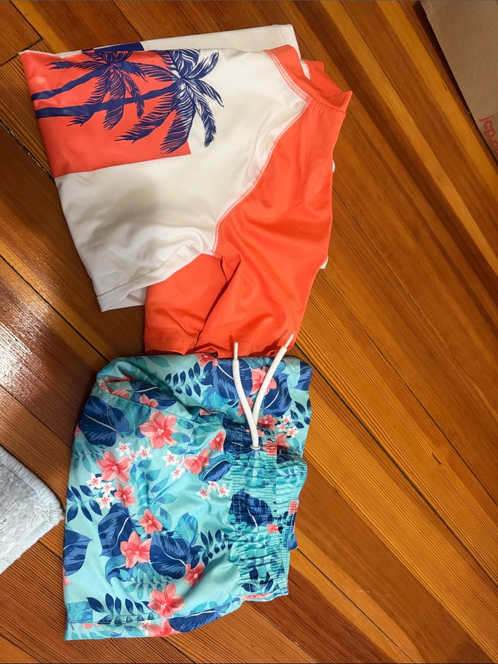 The Children's Place Coral & White Rash Guard with Aqua Floral Swim Trunks